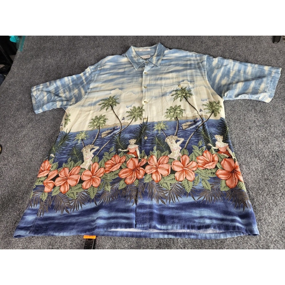 Pierre Cardin Tropical Hawaiian Shirt Men L Girls Boat Lighthouse Palms Vacation
